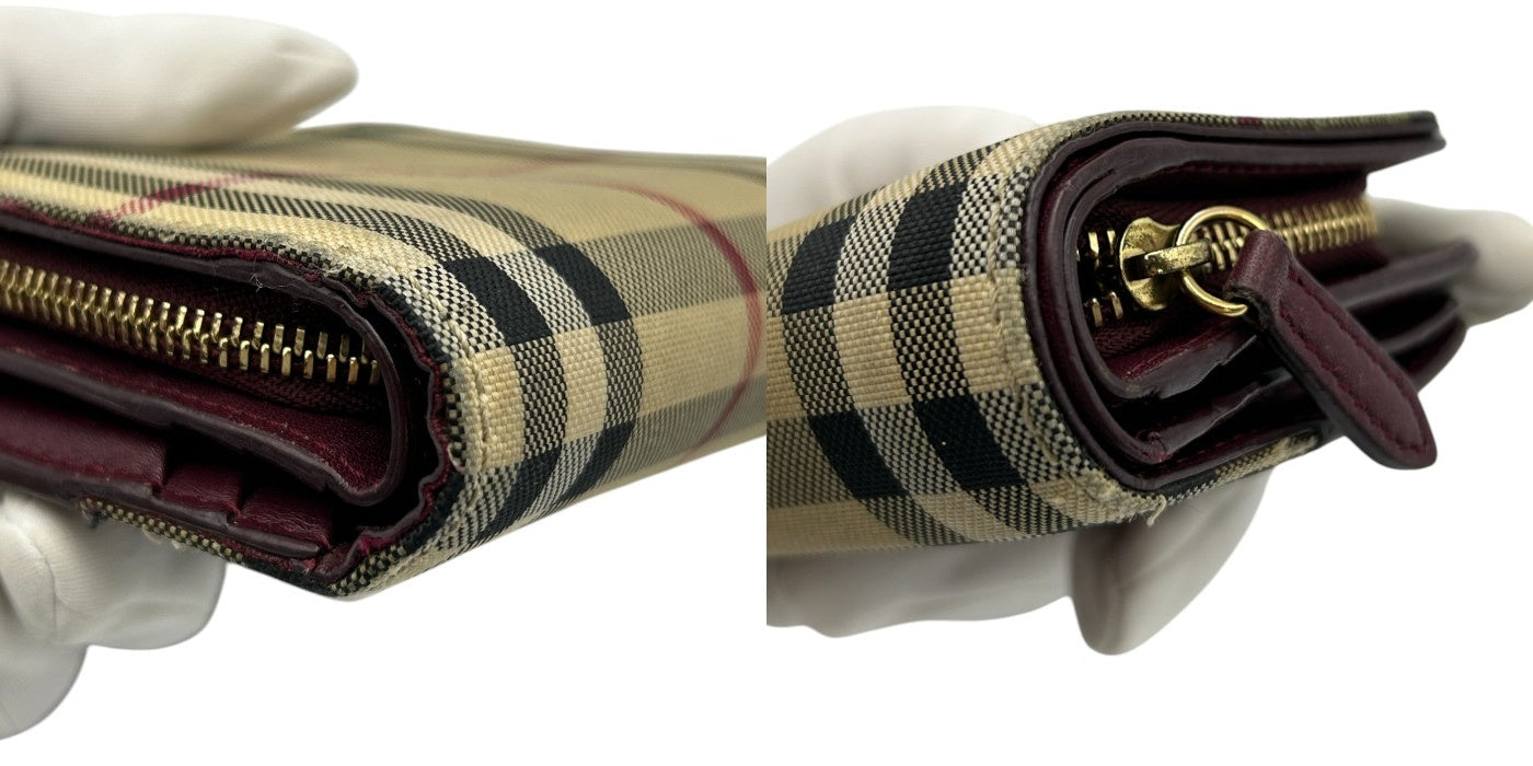 BURBERRY バーバリー ノバチェック 二つ折り 財布 ボルドー コンパクト レザー キャンバス レディース 小銭入れ 中古 W4