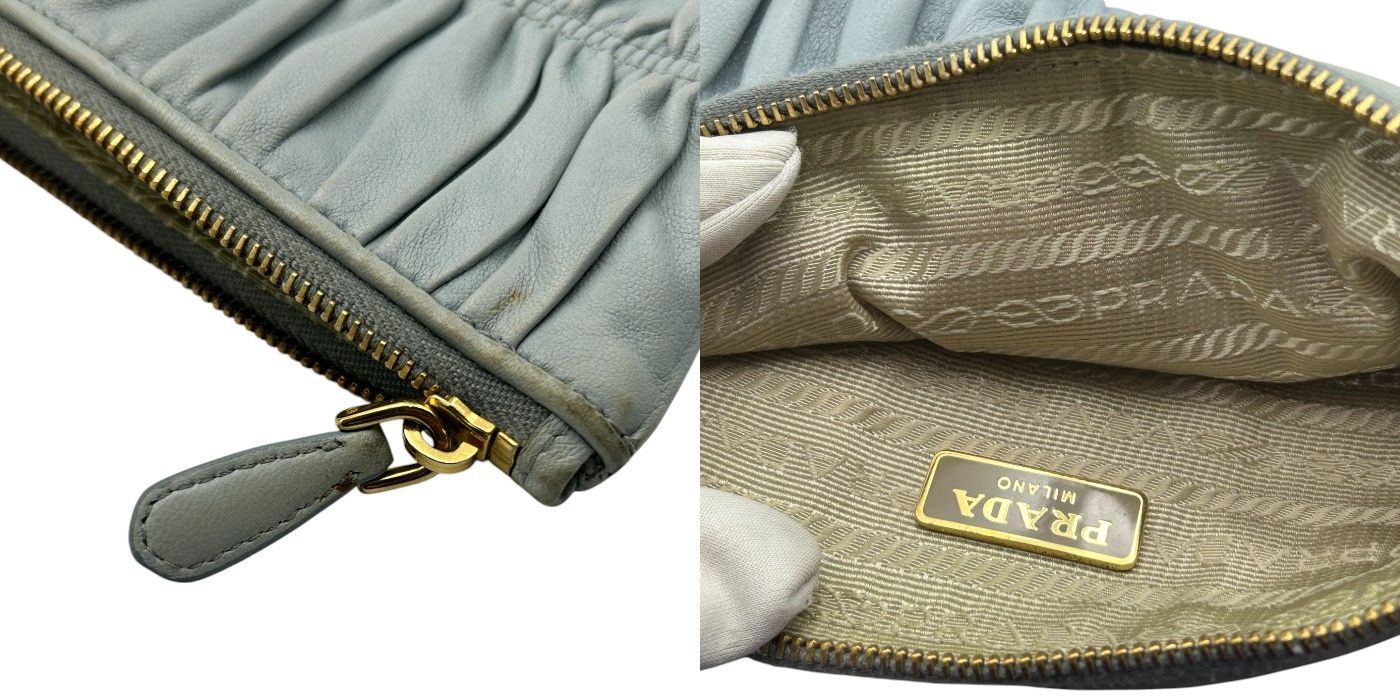 PRADA プラダ フラットポーチ 1M1152 グレー 小物 ブランド ギャザー レディース かわいい ミニ 小さい 中古 W4