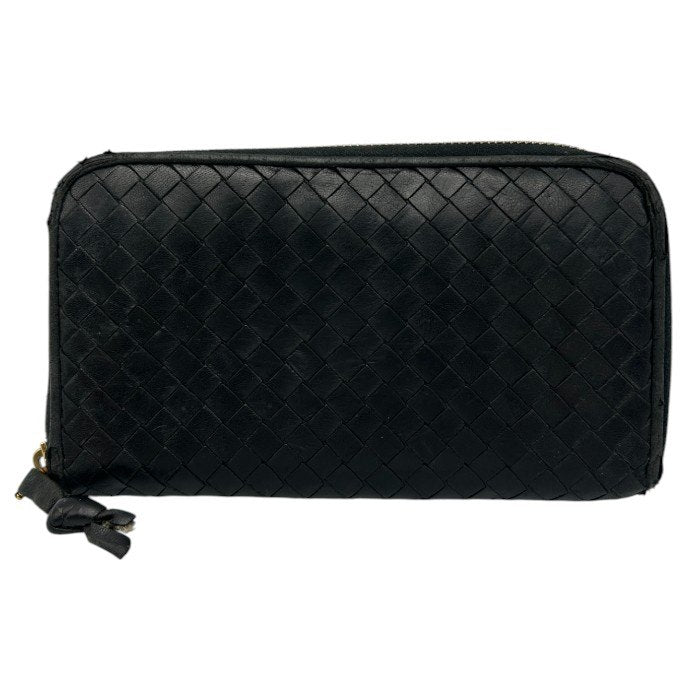 BOTTEGA VENETA ボッテガヴェネタ ラウンドファスナー 長財布 レザー イントレチャート 本革 ブラック メンズ 中古 W4