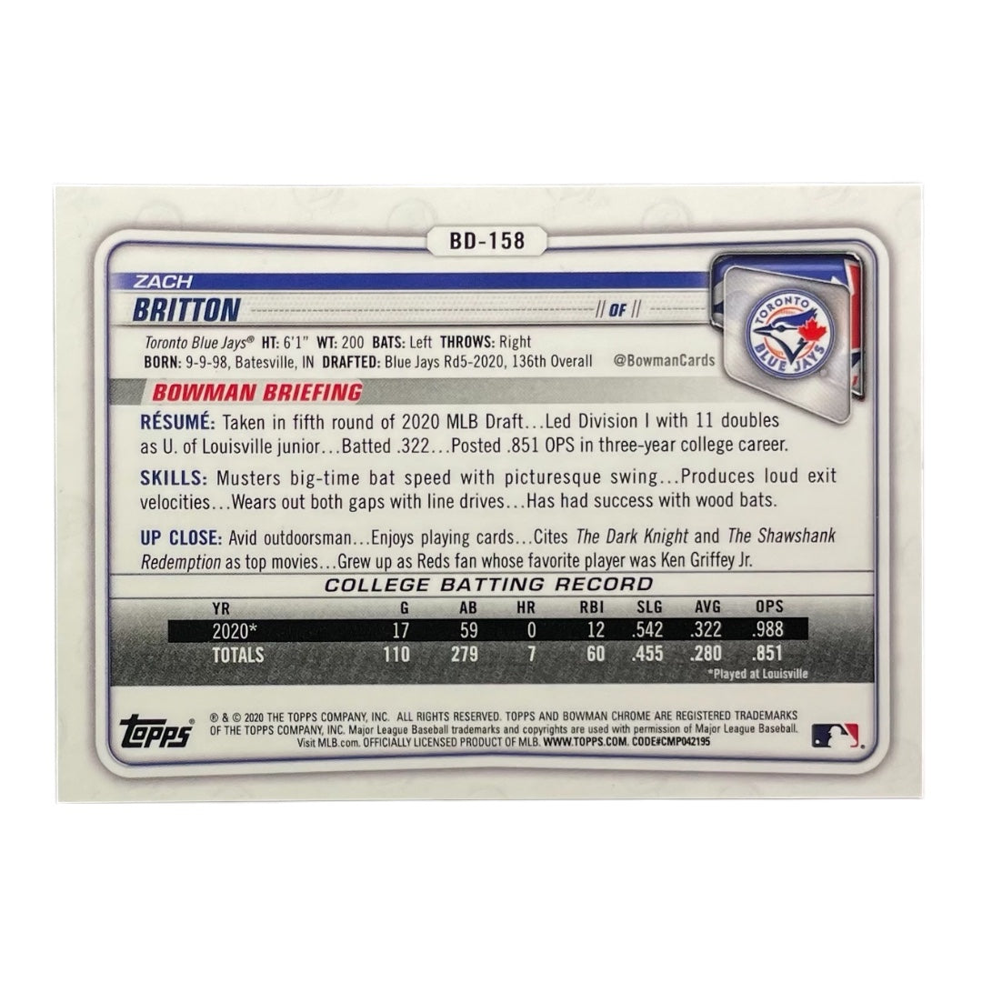 TOPPS MLBカード BOWMAN CHROME 1ST ZACH BRITTON TORONTO BLUE JAYS /250 #BD-158 中古 IT2