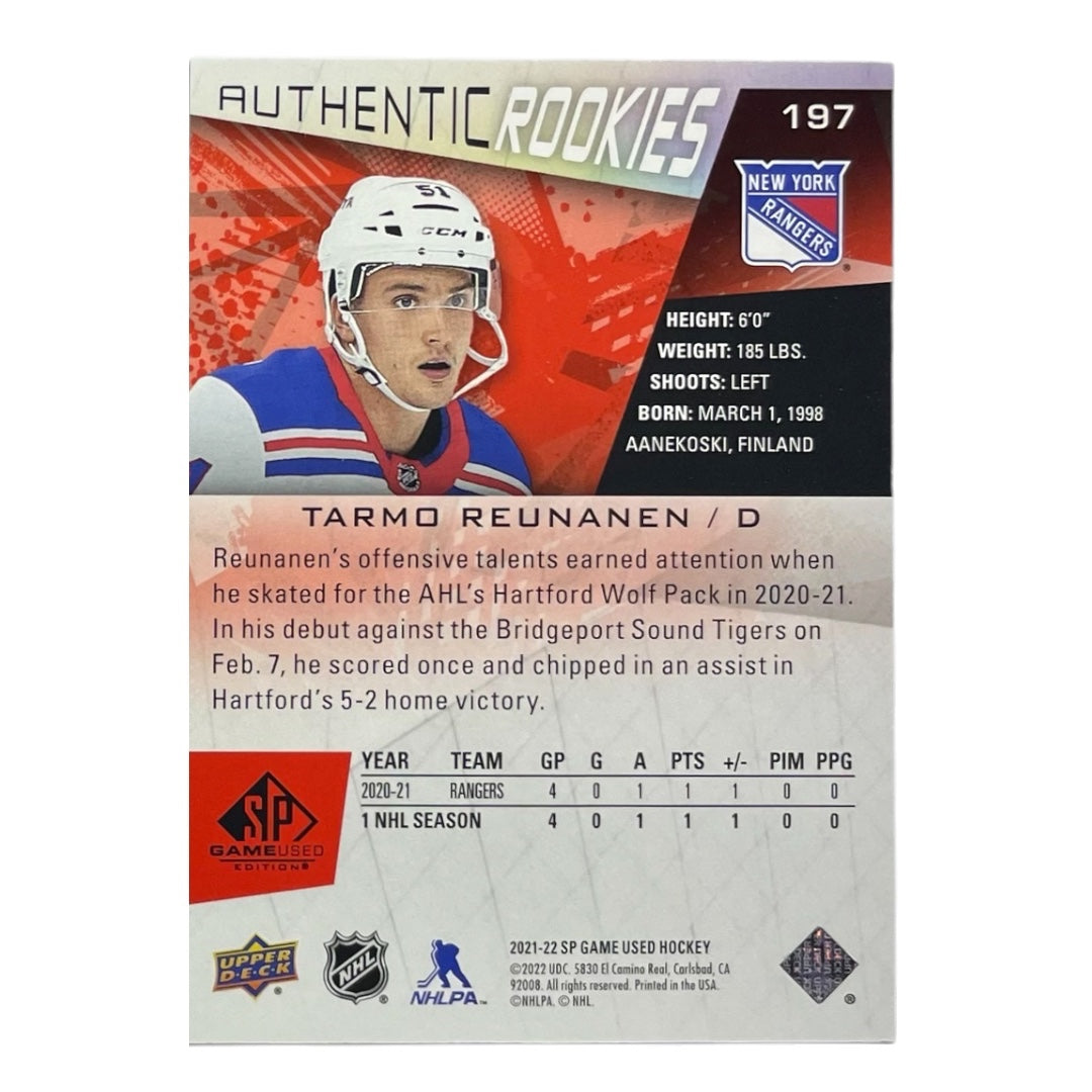 UPPER DECK NHLカード SP GAME USED TARMO REUNANEN NEW YORK RANGERS /205 #197 中古 IT2