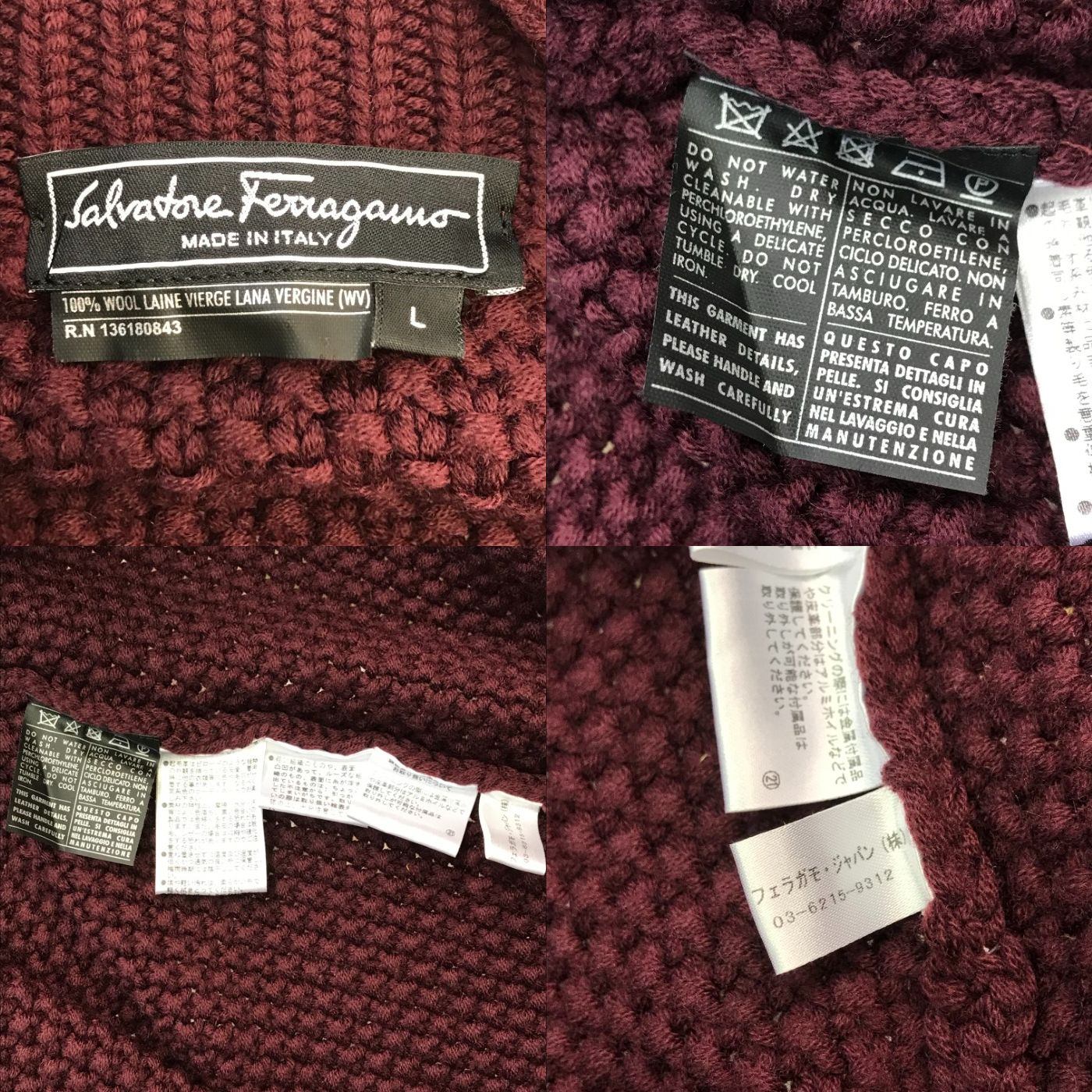 Salvatore Ferragamo サルヴァトーレ フェラガモ ポンチョ レディース ニット ロング カーディガン ベルト ボルドー Lサイズ 中古 T1