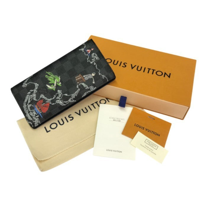 LOUIS VUITTON ルイヴィトン ダミエ グラフィット マップ ポルトフォイユ・ブラザNM 長財布 ユニセックス 2つ折り イラスト ブラック/グレー N40202 中古 T1