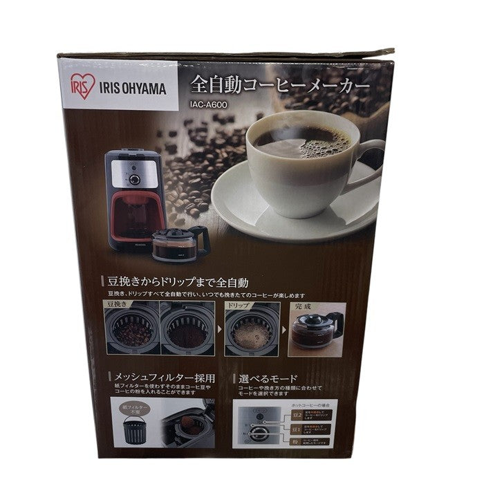 アイリスオーヤマ コーヒーメーカー 全自動 メッシュフィルター付き 1~4杯用 ブラック IAC-A600 ドリップ式 ミル付き 600ml 保温 中古 R1
