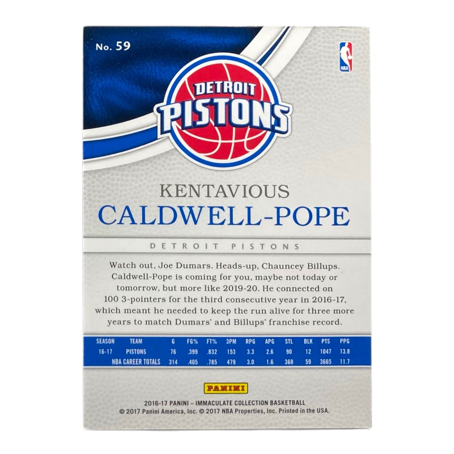 PANINI NBAカード IMMACULATE COLLECTION KENTAVIOUS CALDWELL-POPE DETROIT PISTONS /99 #59 中古 IT2