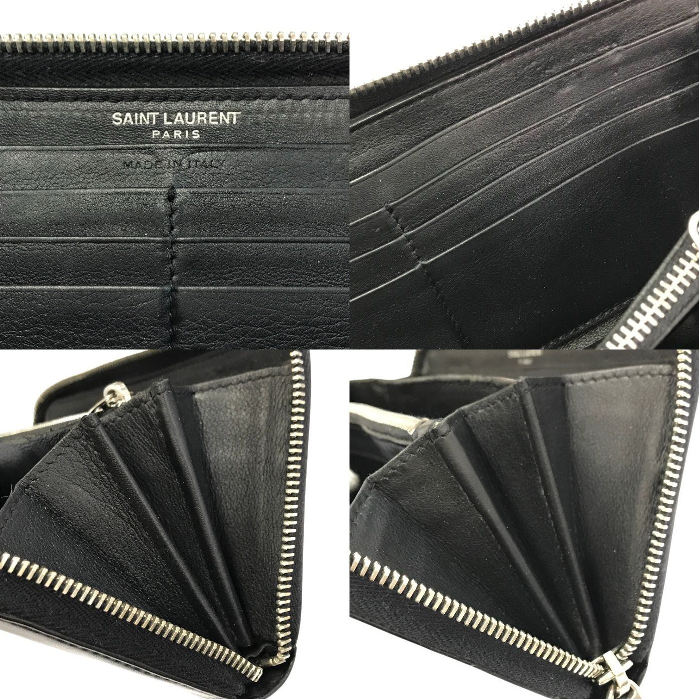 SAINT LAURENT サンローラン 長財布 ユニセックス ラウンドジップ レザー YSL ロゴ金具 ブラック 414570 中古 T1