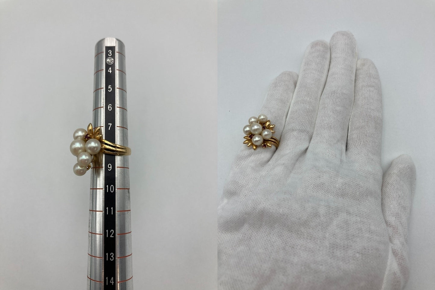 田崎真珠/TASAKI K18 パール4.5-6.0mm 赤石 リング 8号 中古 D4