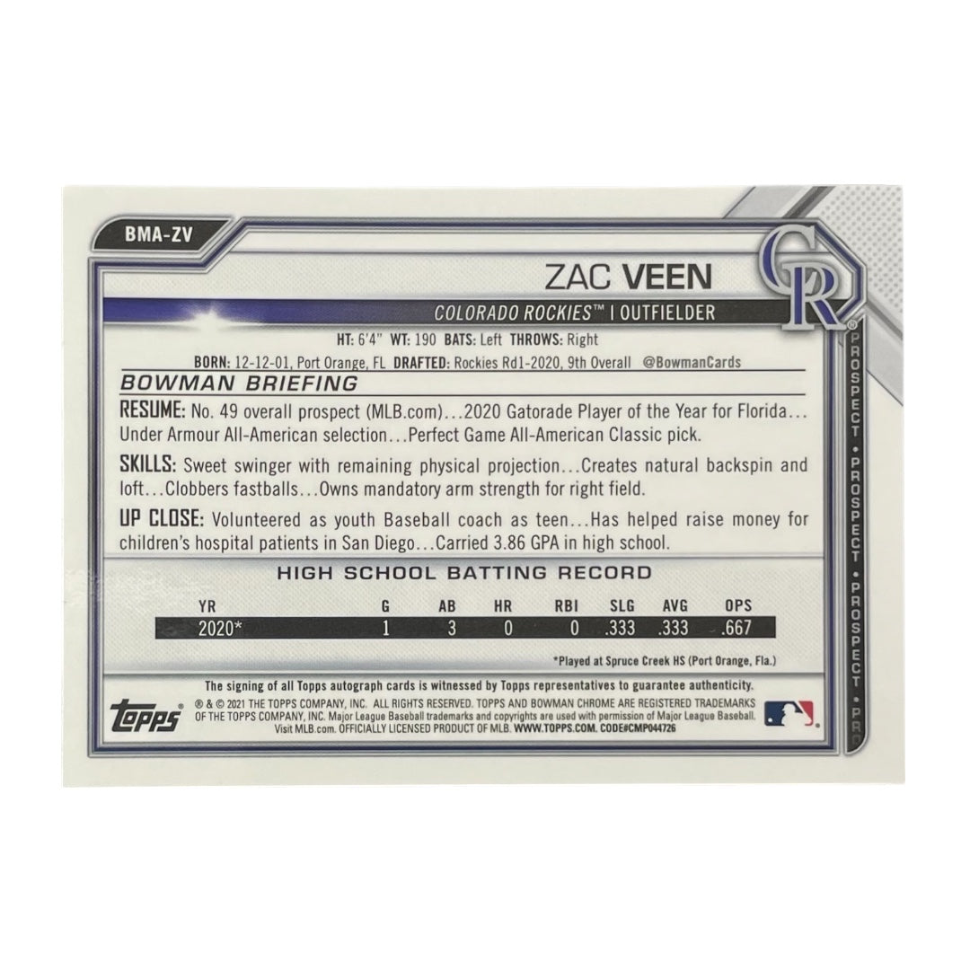 TOPPS MLBカード BOWMAN CHROME ZAC VEEN COLORADO ROCKIES /150 #BMA-ZV 中古 IT2