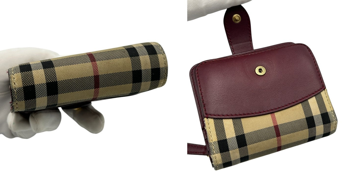 BURBERRY バーバリー ノバチェック 二つ折り 財布 ボルドー コンパクト レザー キャンバス レディース 小銭入れ 中古 W4