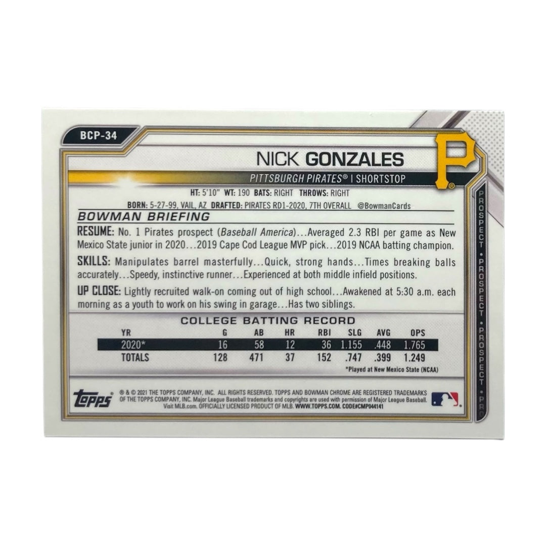 TOPPS MLBカード BOWMAN CHROME NICK GONZALES PITTSBURGH PIRATES /99 #BCP-34 中古 IT2