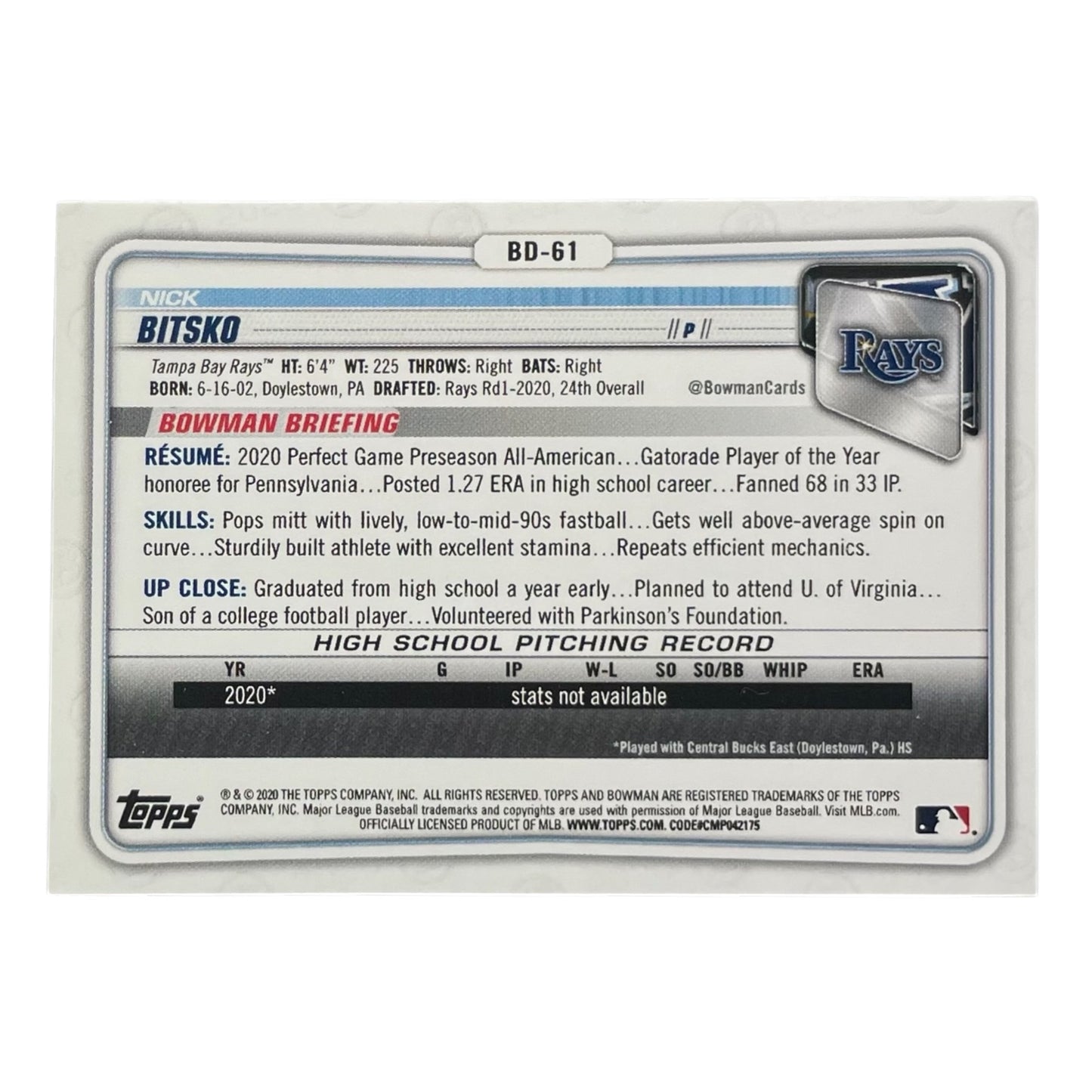 TOPPS MLBカード BOWMAN 1ST NICK BITSKO TAMPA BAY RAYS /499 #BD-61 中古 IT2
