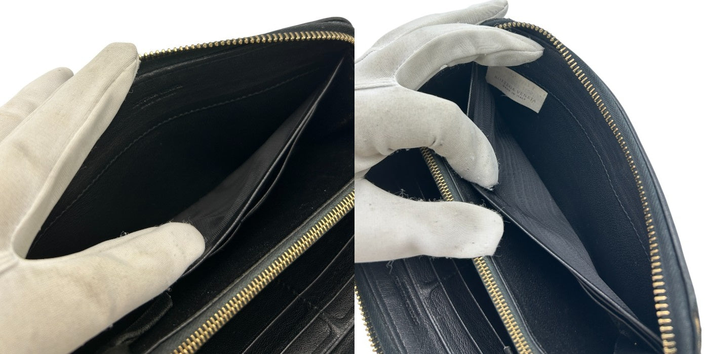 BOTTEGA VENETA ボッテガヴェネタ ラウンドファスナー 長財布 レザー イントレチャート 本革 ブラック メンズ 中古 W4