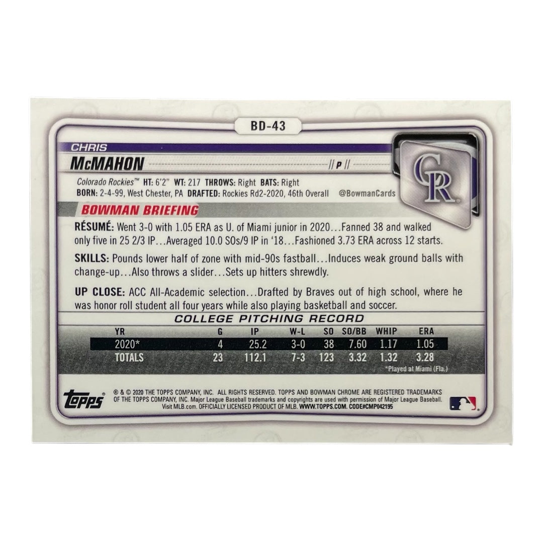 TOPPS MLBカード BOWMAN CHROME 1ST CHRIS MCMAHON COLORADO ROCKIES /99 #BD-43 中古 IT2