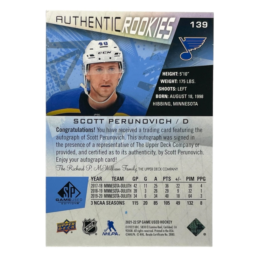 UPPER DECK NHLカード SP GAME USED SCOTT PERUNOVICH ST. LOUIS BLUES #139 中古 IT2