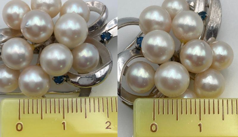 K14WG 6.8-7.7mm パール 青石 ブローチ リボン 保証書付 中古 D4