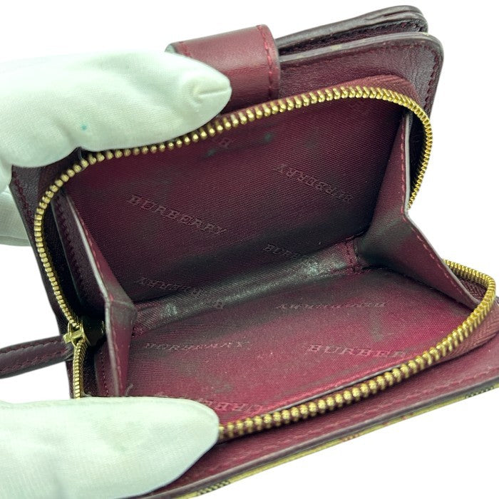 BURBERRY バーバリー ノバチェック 二つ折り 財布 ボルドー コンパクト レザー キャンバス レディース 小銭入れ 中古 W4