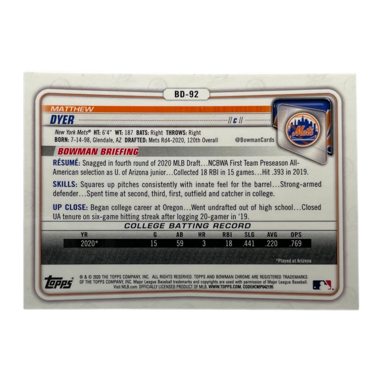 TOPPS MLBカード BOWMAN CHROME 1ST MATTHEW DYER NEW YORK METS #BD-92 中古 IT2