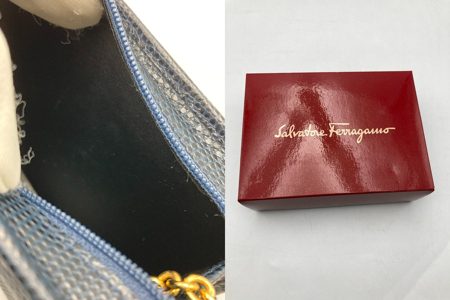 Salvatore Ferragamo フェラガモ ヴァラリボン リザード調 型押しレザー ポーチ 223057 中古 D4