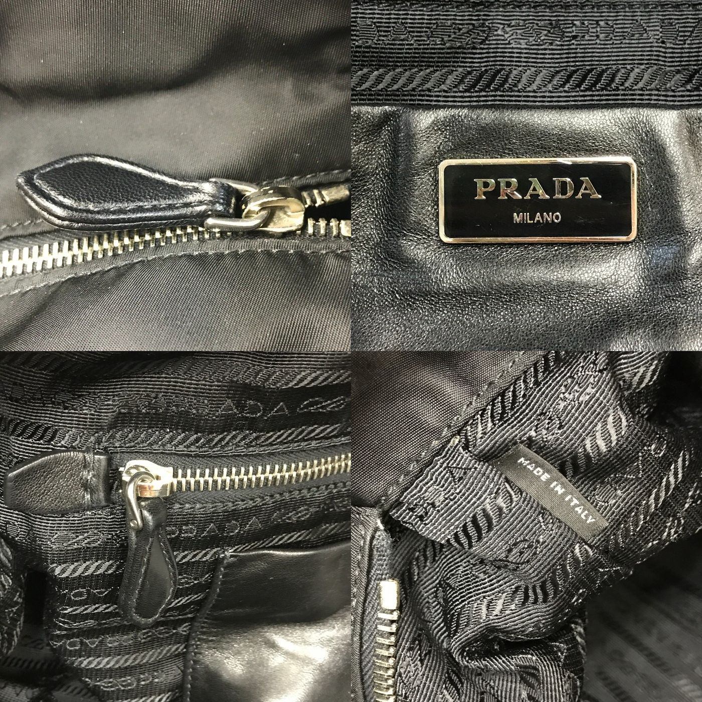 PRADA プラダ トートバッグ レディース リボン ロゴ ナイロン レザーハンドル 三角プレート A4収納可 ブラック 中古 T1