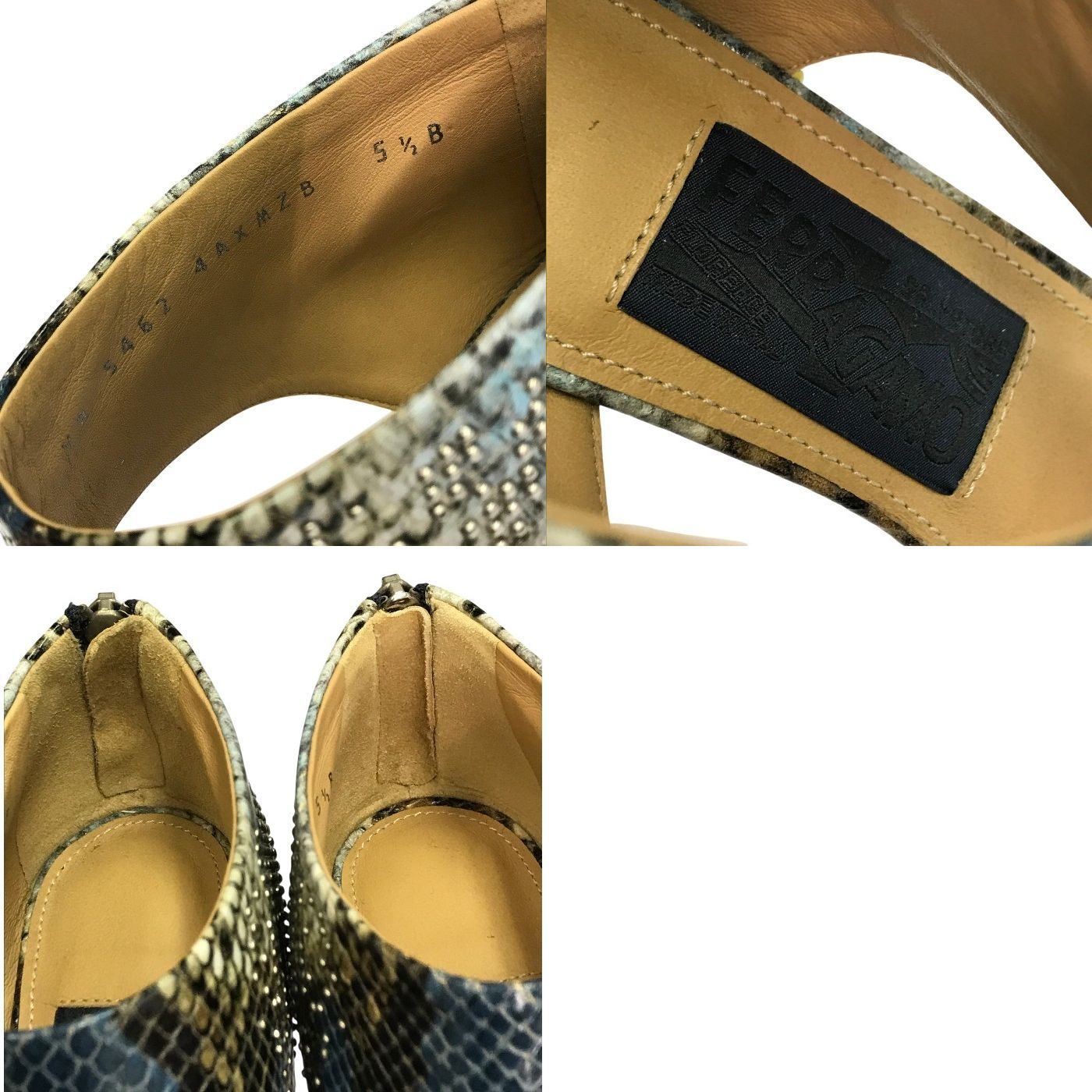 Salvatore Ferragamo フェラガモ サンダル レディース パイソン柄 型押しレザー ヴァラリボン スタッズ ハイヒール グレー系 5.5サイズ 中古 T1