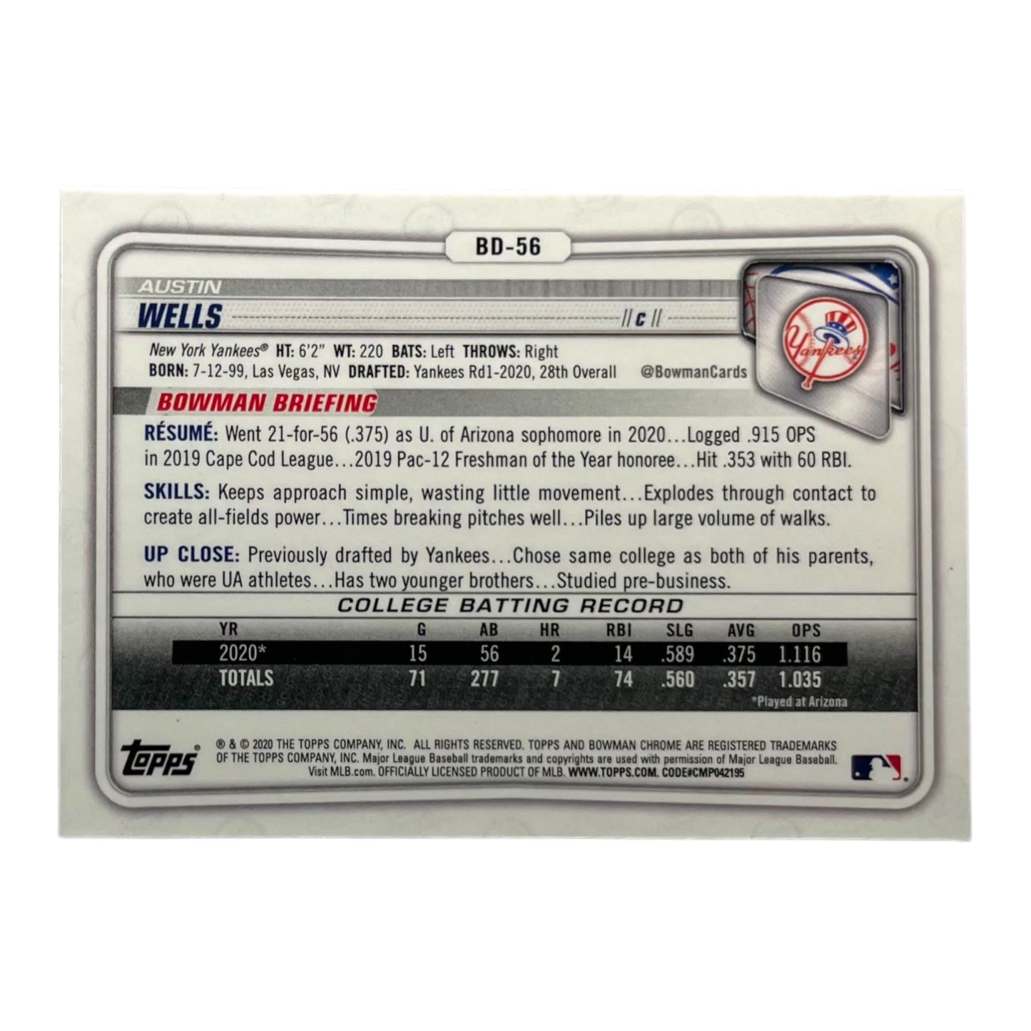 TOPPS MLBカード BOWMAN CHROME 1ST AUSTIN WELLS NEW YORK YANKEES #BD-56 中古 IT2