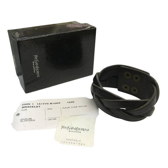 YVES SAINT LAURENT イヴサンローラン ブレスレット メンズ レザー 編み込み バングル スナップボタン ブラック 中古 T1