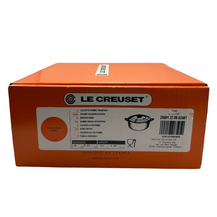 未使用品 LE CREUSET ルクルーゼ ココット ロンド 22cm TRA COC RD 22 両手鍋 ボルカニック 調理器具 オレンジ キッチンツール 3.3L 中古 W4
