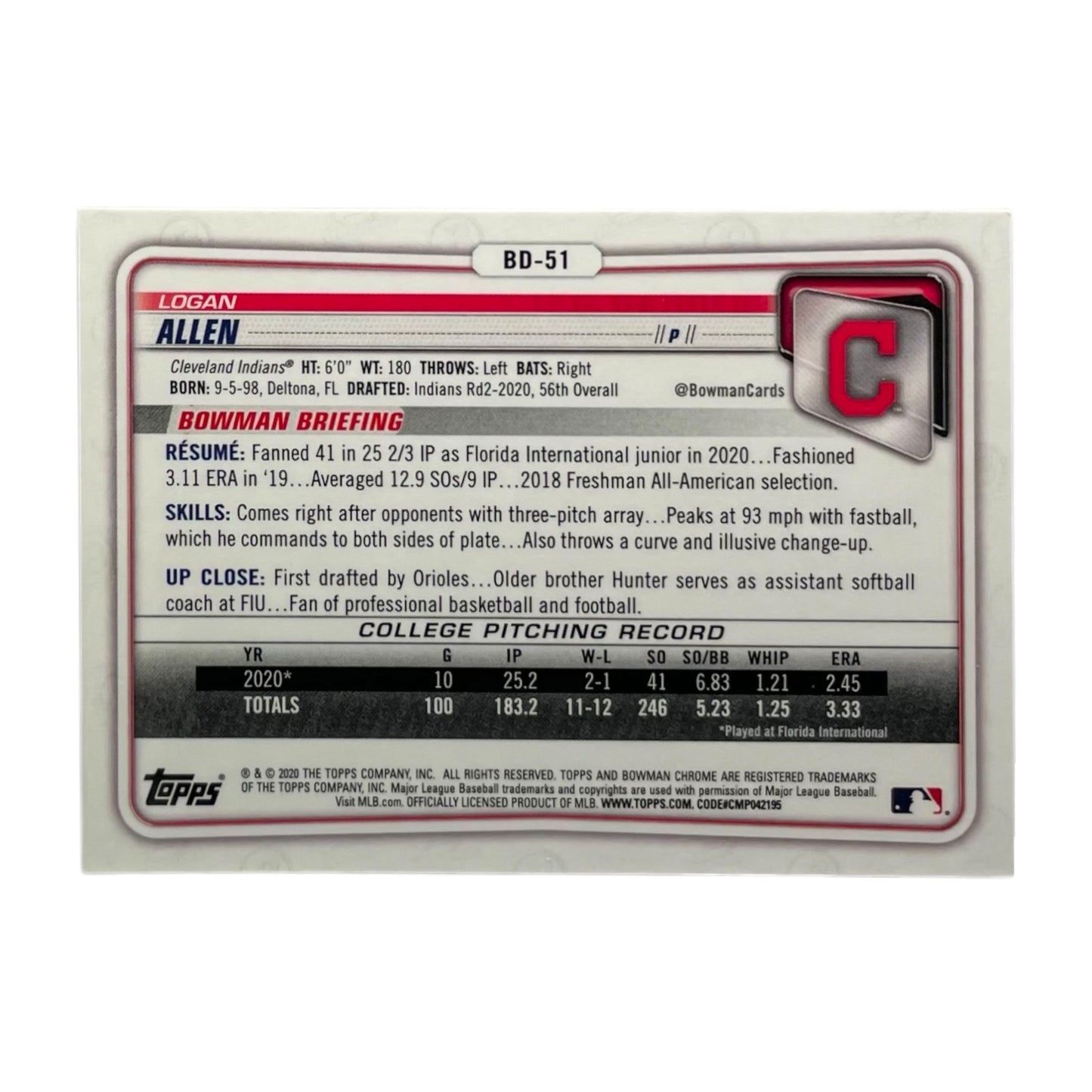 TOPPS MLBカード BOWMAN CHROME 1ST LOGAN ALLEN CLEVELAND INDIANS /250 #BD-51 中古 IT2