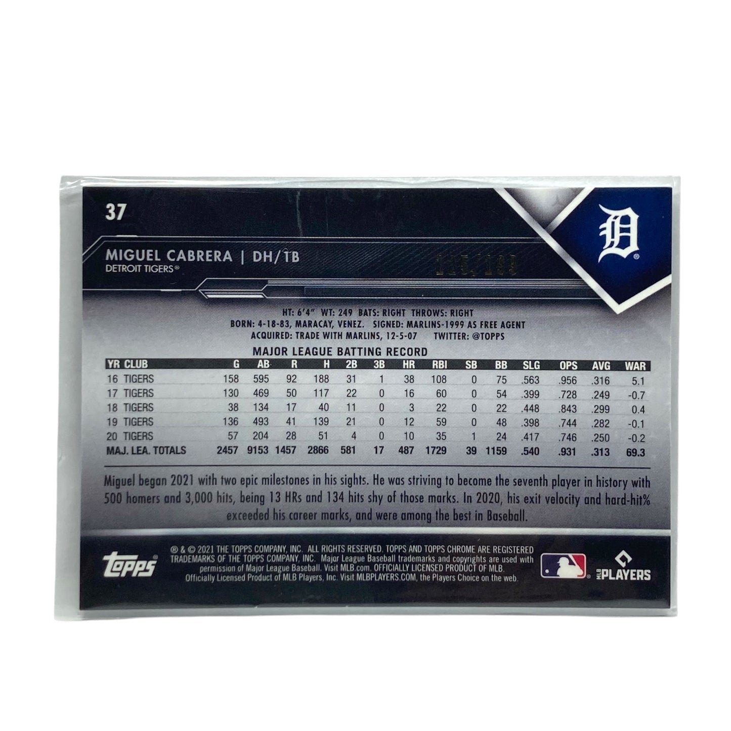 TOPPS MLBカード CHROME BLACK MIGUEL CABRERA TIGERS 125/199 #37 中古 IT2