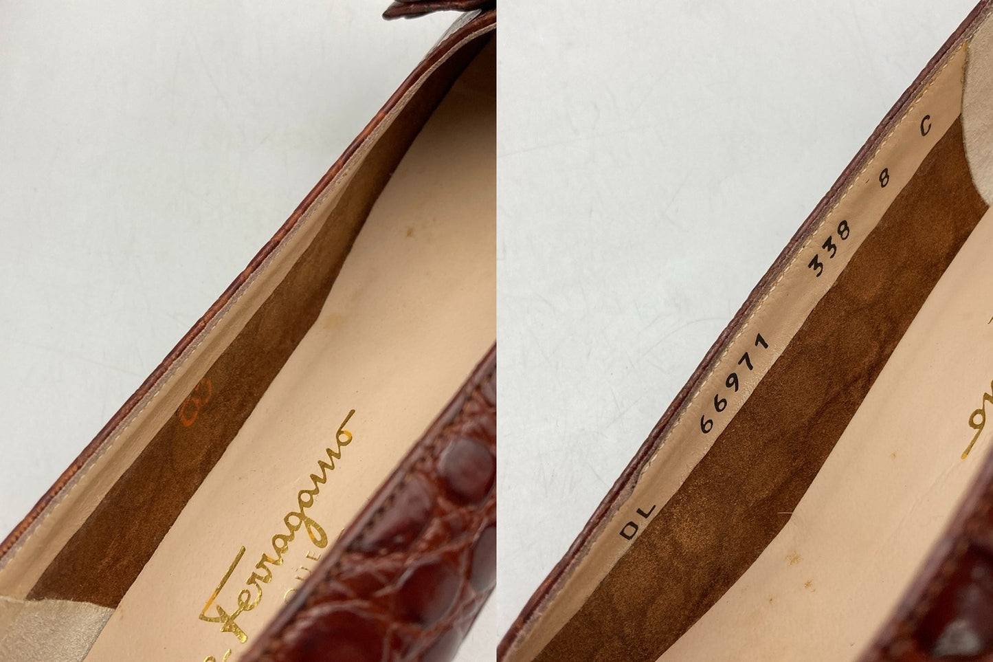 Salvatore Ferragamo サルヴァトーレフェラガモ ヴァラリボン 型押しレザー パンプス ブラウン サイズ8(約25.5cm) 中古 D4