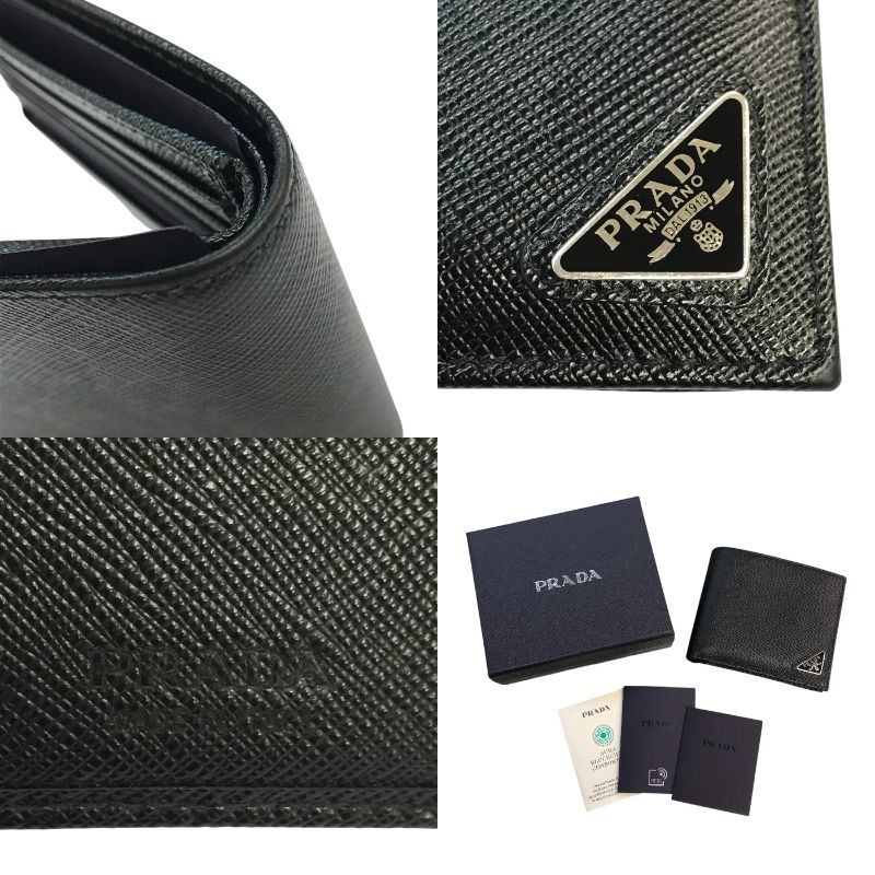 PRADA プラダ 財布 メンズ 二つ折り サフィアーノレザー SAFFIANO TRIANG 三角プレート 小銭入れあり ブラック 2MO738 中古 T1