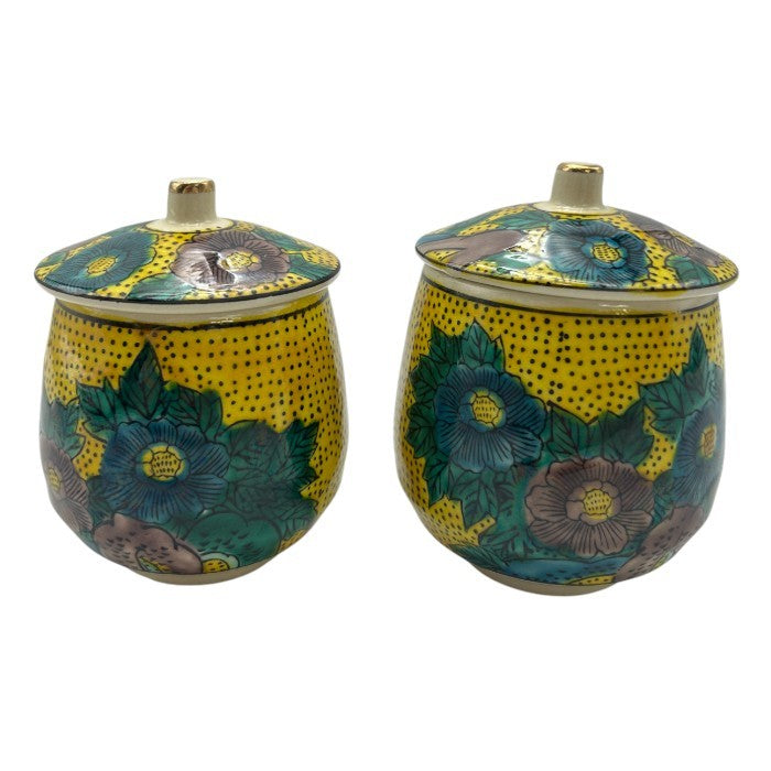 未使用品 九谷玉峰 吉田屋 花鳥 夫婦湯呑 ペア セット 蓋付 花 鳥 中古 W4