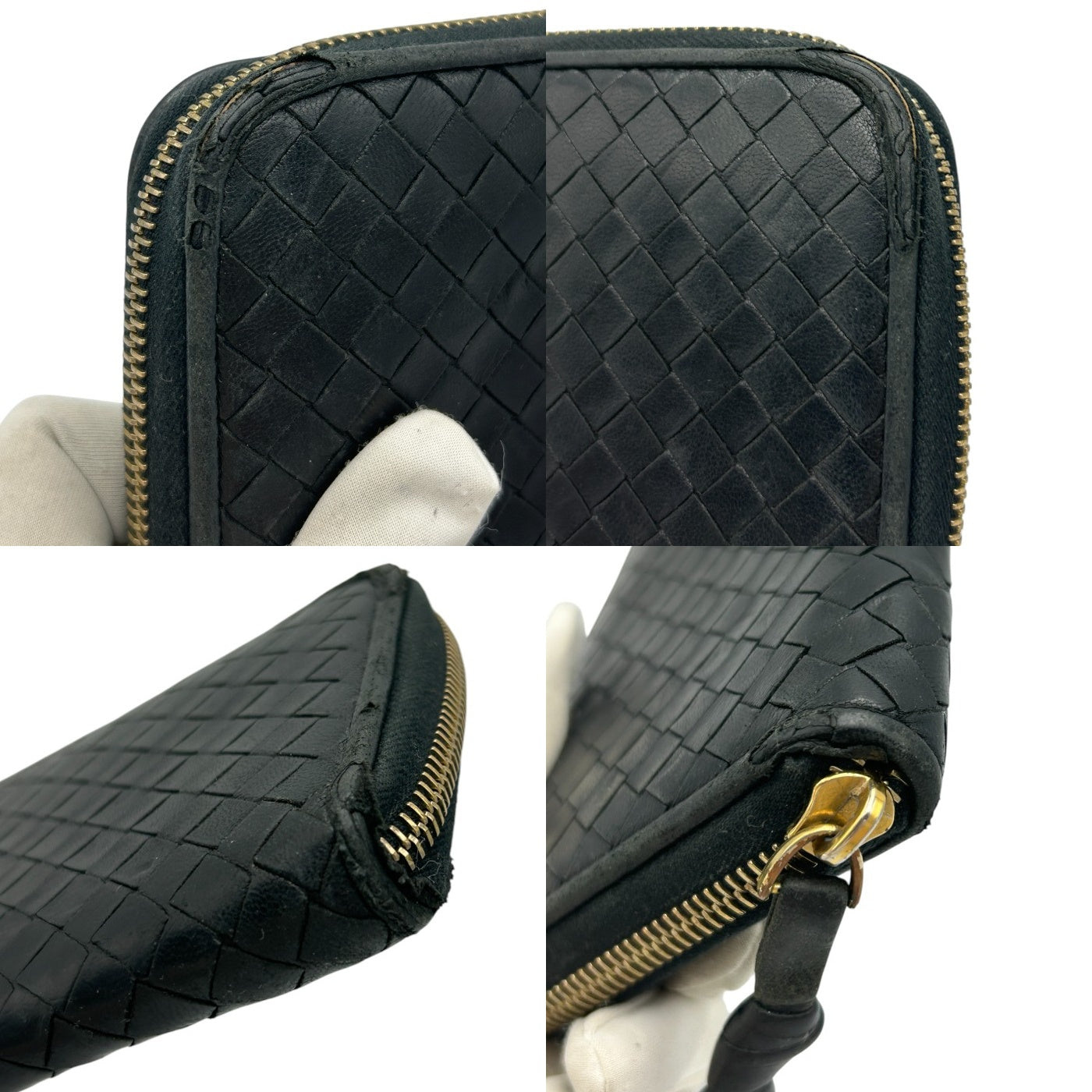 BOTTEGA VENETA ボッテガヴェネタ ラウンドファスナー 長財布 レザー イントレチャート 本革 ブラック メンズ 中古 W4