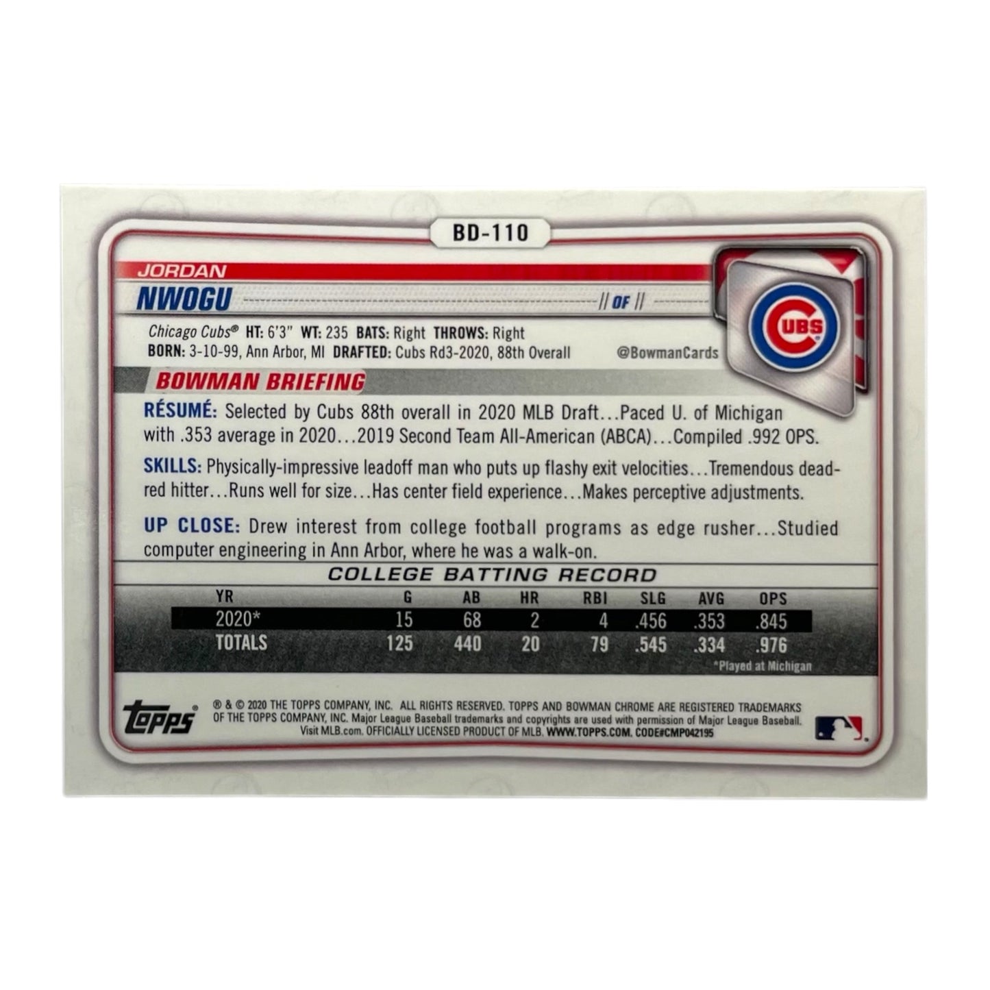 TOPPS MLBカード BOWMAN CHROME 1ST JORDAN NWOGU CHICAGO CUBS /250 #BD-110 中古 IT2