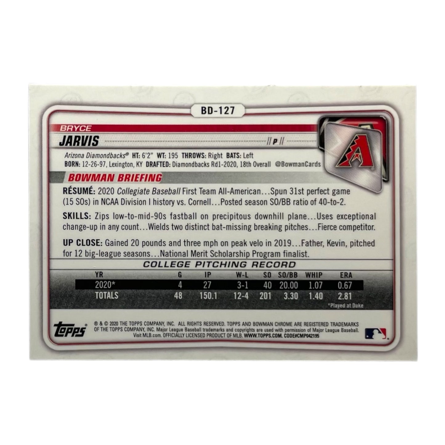 TOPPS MLBカード BOWMAN CHROME 1ST BRYCE JARVIS ARIZONA DIAMONDBACKS #BD-127 中古 IT2