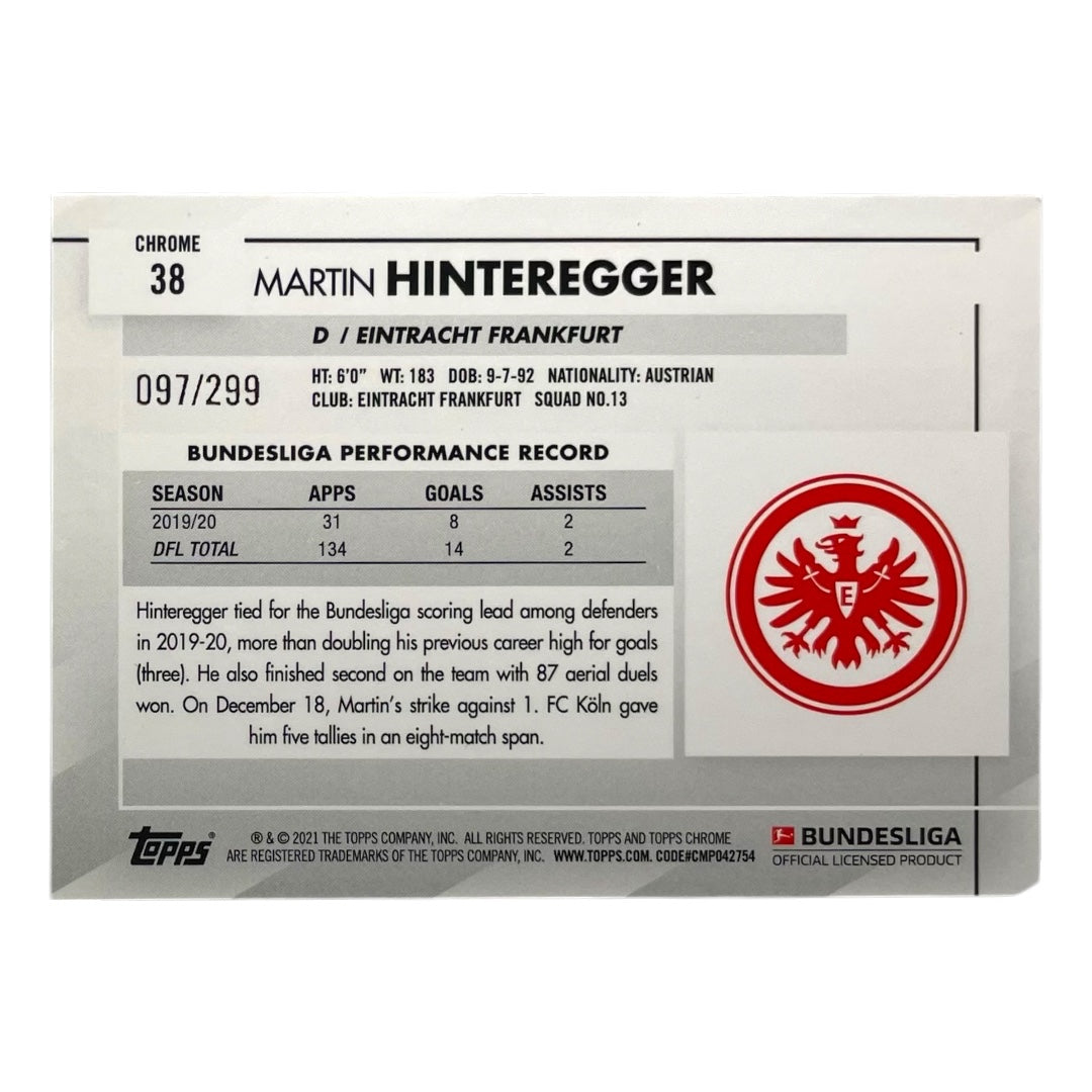 TOPPS サッカーカード CHROME MARTIN HINTEREGGER EINTRACHT FRANKFURT /299 #38 中古 IT2