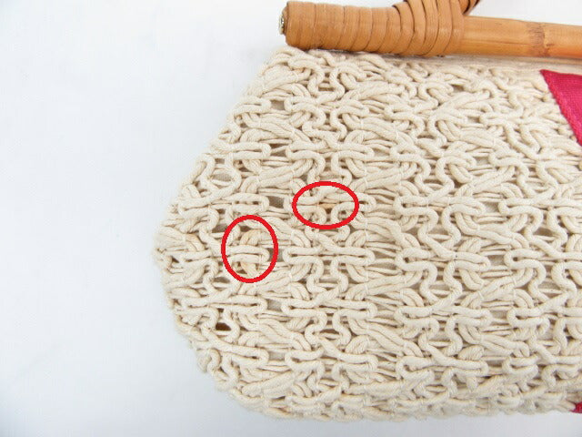 Kate spade/ケイトスペード ラタン編み込みハンドバッグ 中古 鞄 水玉 ドット レッド ピンク 赤 ライン 籐 レディース