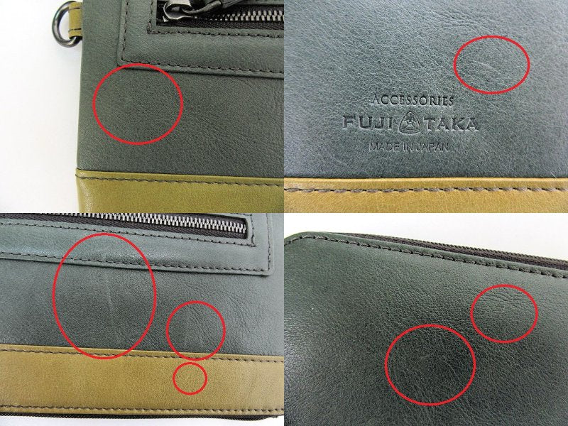 FUJITAKA/フジタカ レザー L字ファスナー長財布 中古 牛革 本革 グリーン イエロー ウォレット