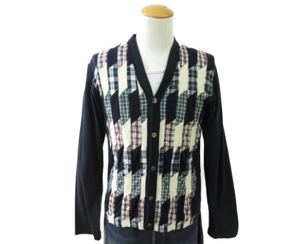 COMME des GARCONS HOMME/コムデギャルソン オム パッチワーク コットン カーディガン M 中古 幾何学模様 メンズ チェック ネイビー ウール マルチカラー
