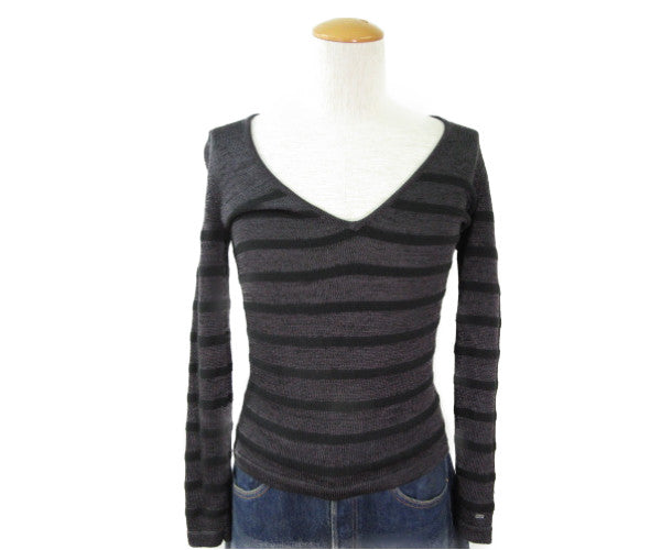 TOMMY HILFIGER/トミーヒルフィガー Vネック ニットトップス S 中古 グレー ボーダー レーヨン ポリエステル アクリル メンズ