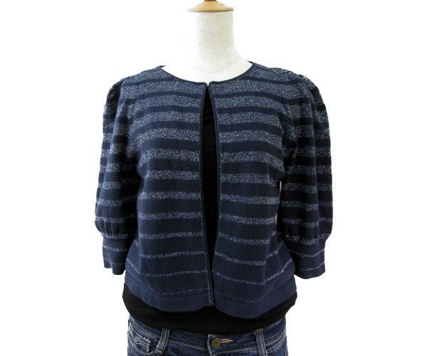 MARC BY MARC JACOBS/マーク バイ マークジェイコブス コットン ショート 七分 カーディガン S 中古 レディース ラメ ネイビー シルバー レーヨン ボーダー