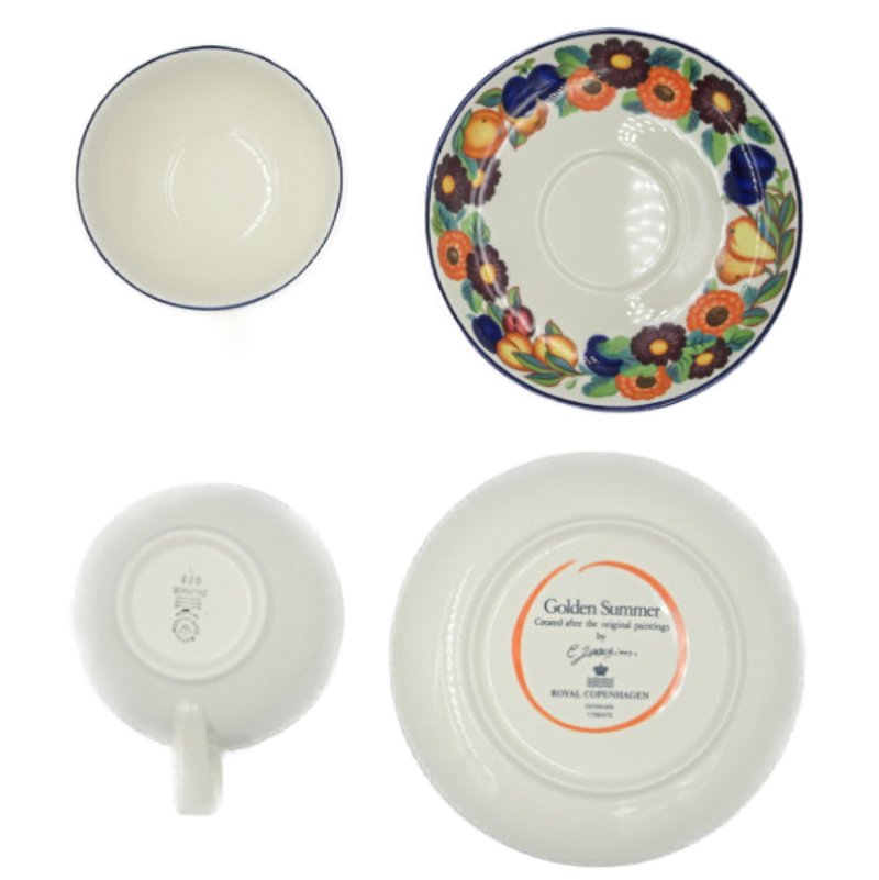 未使用品 Royal Copenhagen/ロイヤルコペンハーゲン ゴールデンサマー カップ&ソーサー ペア 中古 色鮮やかなソーサーと無地のカップのコントラストが爽やか♪