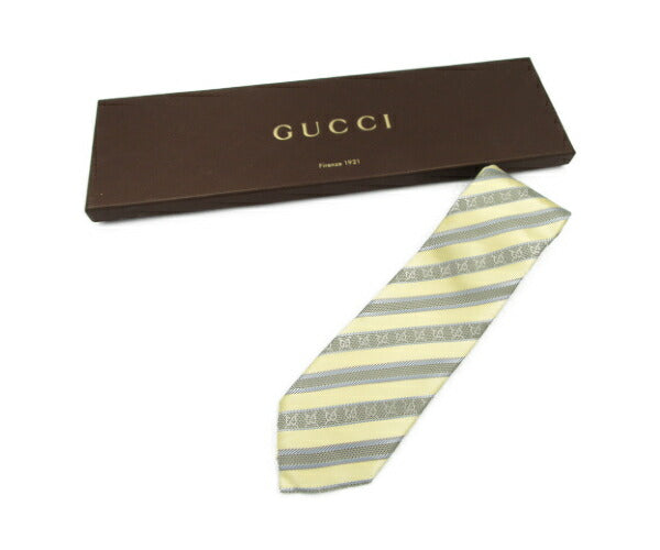 GUCCI シルク100% GG柄 ストライプ ネクタイ 中古 グッチ ゴールド 金 ブルー シルバー メンズ プレゼント