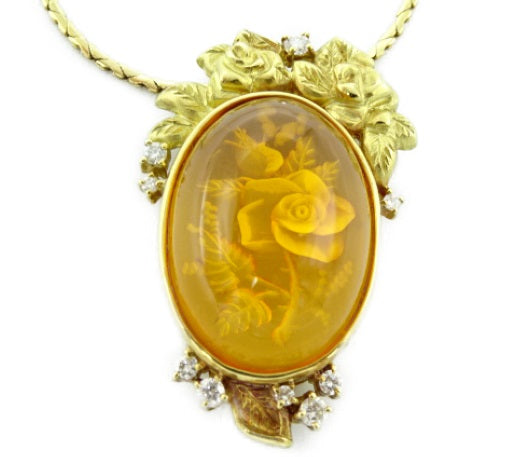 K18 ダイヤモンド 0.32ct 琥珀 ネックレス 中古 18金 アンバー ペンダント イエローゴールド 薔薇 バラ おしゃれ