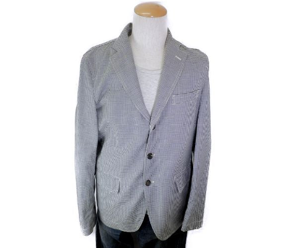 COMME des GARCONS HOMME DEUX コムデギャルソン オム ドゥ 麻混 テーラードジャケット Sサイズ 中古 メンズ ウール チェック ギンガムチェック ネイビー 薄手