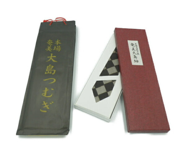 未使用品 本場奄美大島紬 絹 100% チェッカー 柄 ネクタイ 中古 大島つむぎ シルク ブランド おしゃれ 伝統工芸 ビジネス メンズ