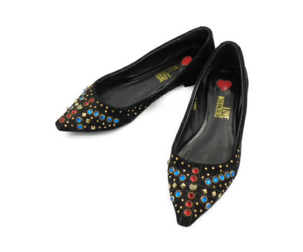 LOVE MOSCHINO ラインストーン パンプス 37 24.0cm 中古 ラブモスキーノ スエード 靴 ぺたんこ ハート ブランド おしゃれ