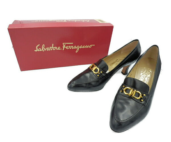 Salvatore Ferragamo サルヴァトーレフェラガモ ガンチーニ レザー パンプス 約25cm 中古 ブラック 黒 7.5 レディース 靴 ブランド