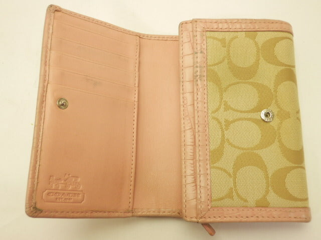 COACH シグネチャー キャンバス 二つ折り 財布 中古 コーチ クロコ調 レザー ブランド おしゃれ ミニ コンパクト