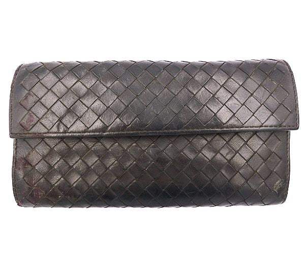BOTTEGA VENETA ボッテガヴェネタ イントレチャート 二つ折り長財布 中古  B00439116L ダークブラウン 茶 レザー ウォレット 編み込み